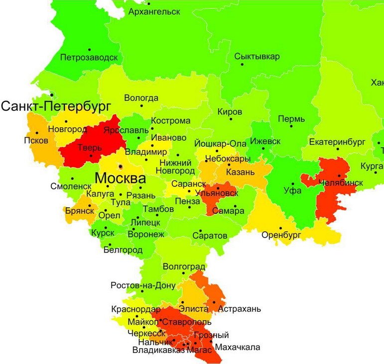 Карта россии по областям европейская часть