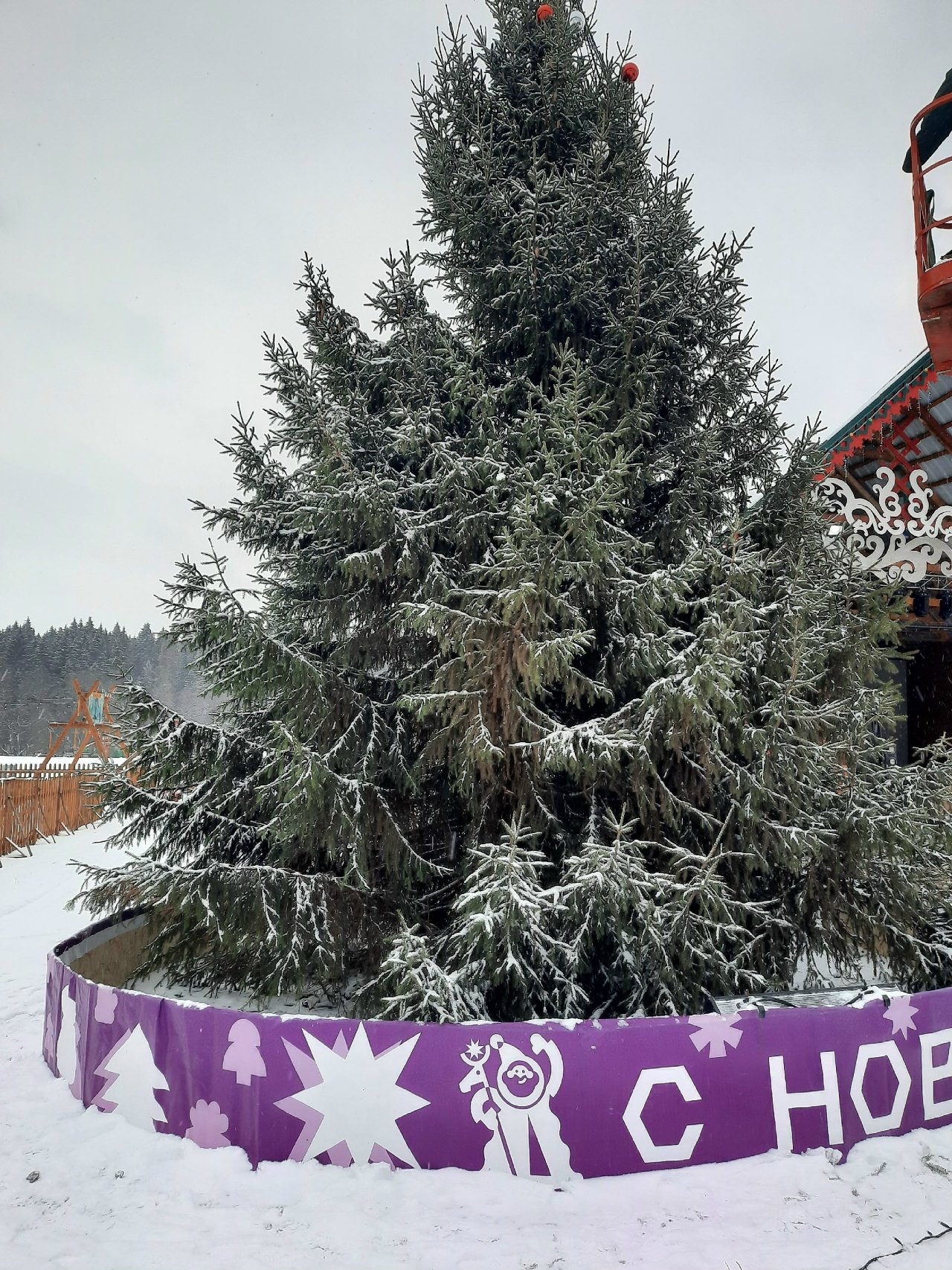 За два дня до сказочного фестиваля в усадьбу Тол Бабая привезли новогоднюю ёлку 