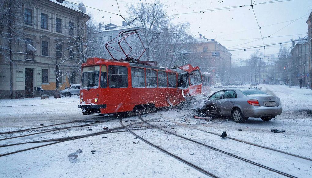 Трамвай и легковушка столкнулись на перекрёстке в Ижевске